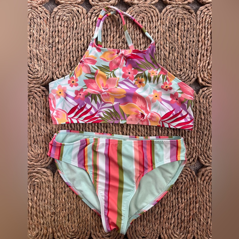 Wonder Nation Girls Floral and Striped Bikini- Size Large 10/12